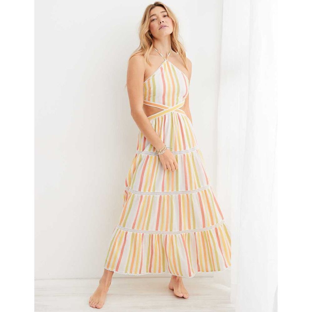 Aerie Striped Cut Out Halter Maxi Dress